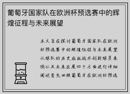 葡萄牙国家队在欧洲杯预选赛中的辉煌征程与未来展望