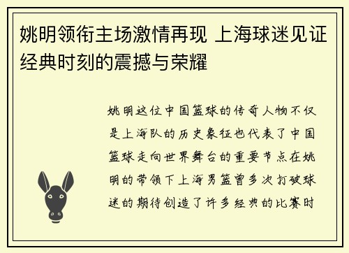 姚明领衔主场激情再现 上海球迷见证经典时刻的震撼与荣耀