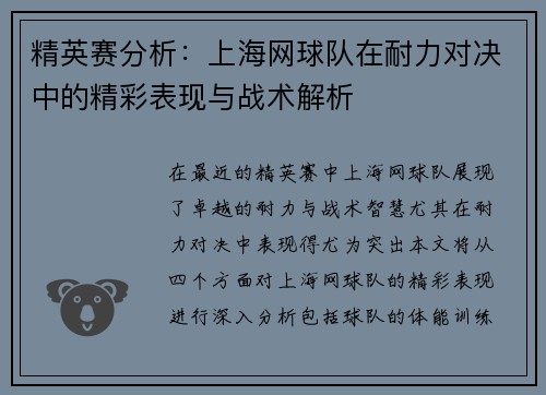 精英赛分析：上海网球队在耐力对决中的精彩表现与战术解析